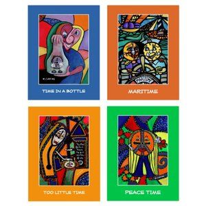 4 Colorful Artist Signed Art Postcards Whimsical